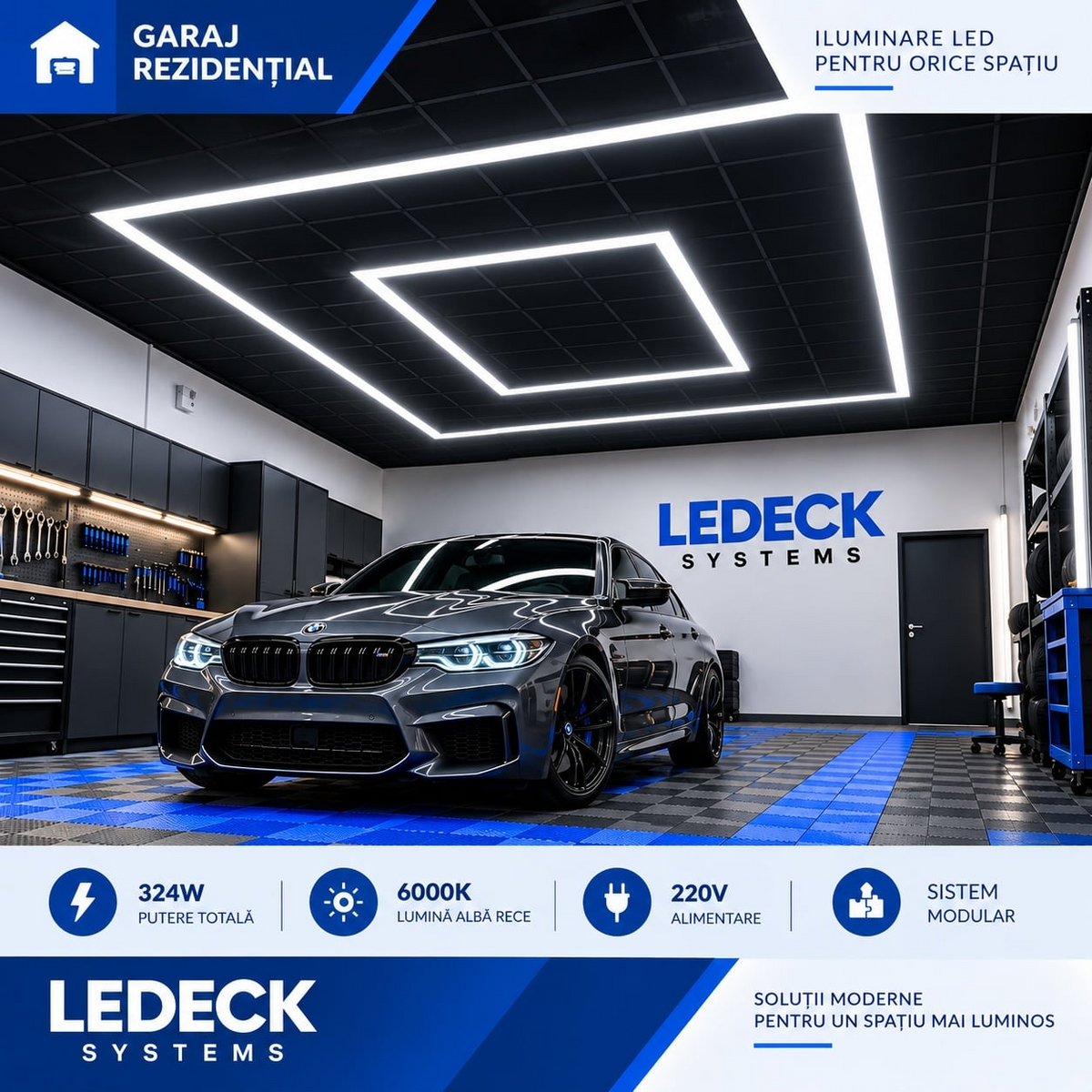 Kit Iluminare LED LEDECK Dreptunghi 2438 × 4850 mm, 324W, 6000K, 18 Tuburi LED