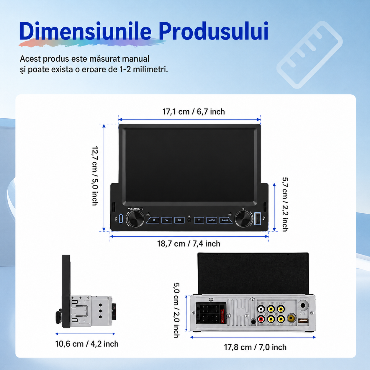 Radio Auto 1DIN cu Apple CarPlay și Android Auto wireless, Ecran Tactil 7", Bluetooth, Camera marsarier inclusa
