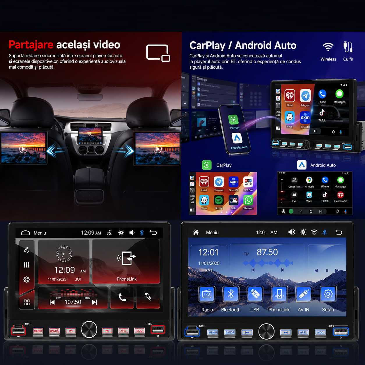 Radio Auto 1DIN, CarPlay wireless, Ecran Tactil 7", Bluetooth, Camera marsarier inclusa
