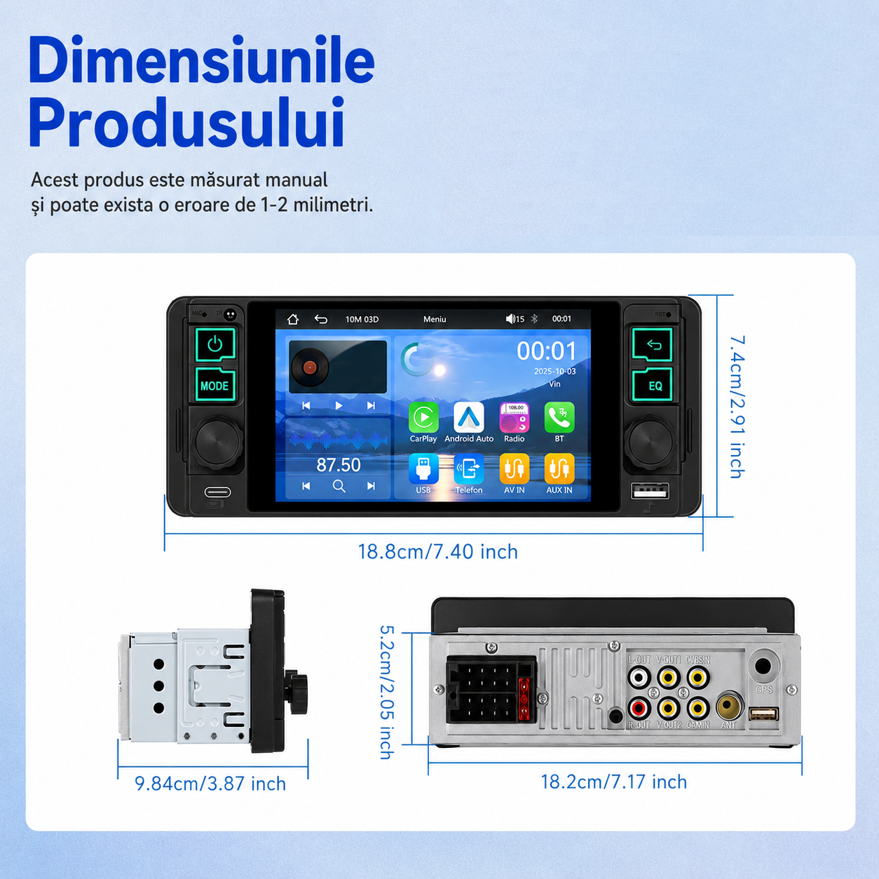 Radio Auto 1DIN, CarPlay wireless, Ecran Incell Tactil 5.1", Bluetooth