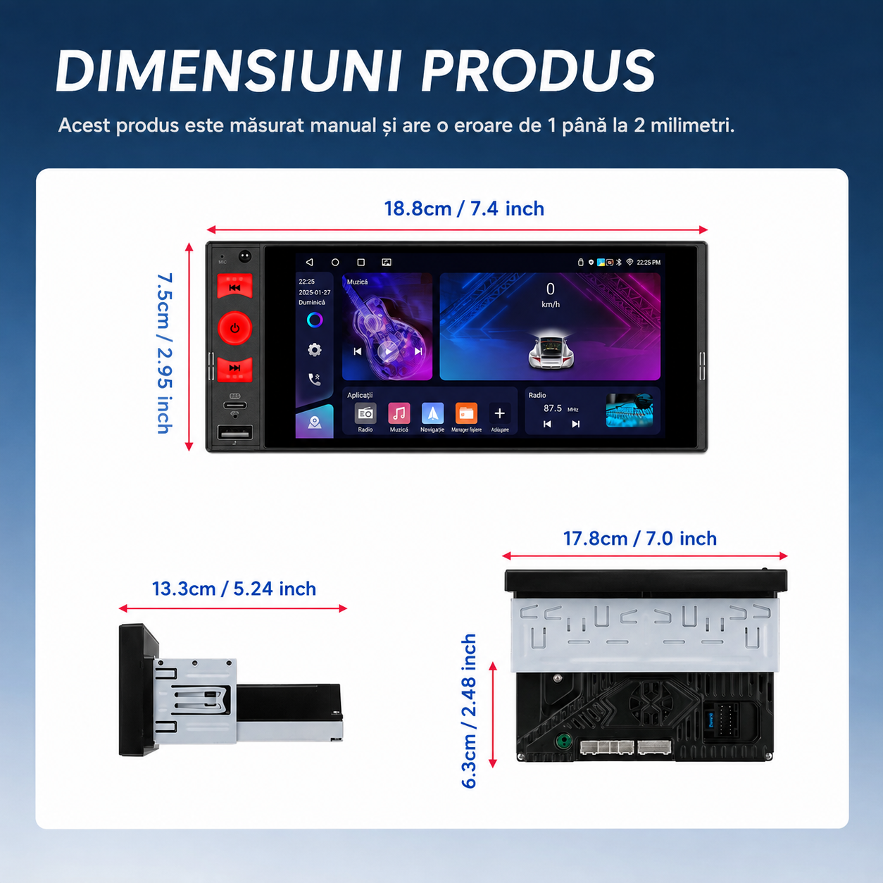 Navigatie 1DIN 4GB RAM, carplay si android auto wireless, ecran 6 inch Incell, bluetooth, radio, usb