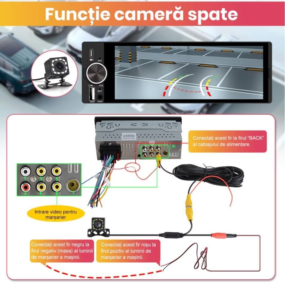 Radio Auto 1DIN Universal cu Apple CarPlay și Android Auto Wireless, Ecran IPS 6.9", Bluetooth, Type-C, camera marsarier cadou