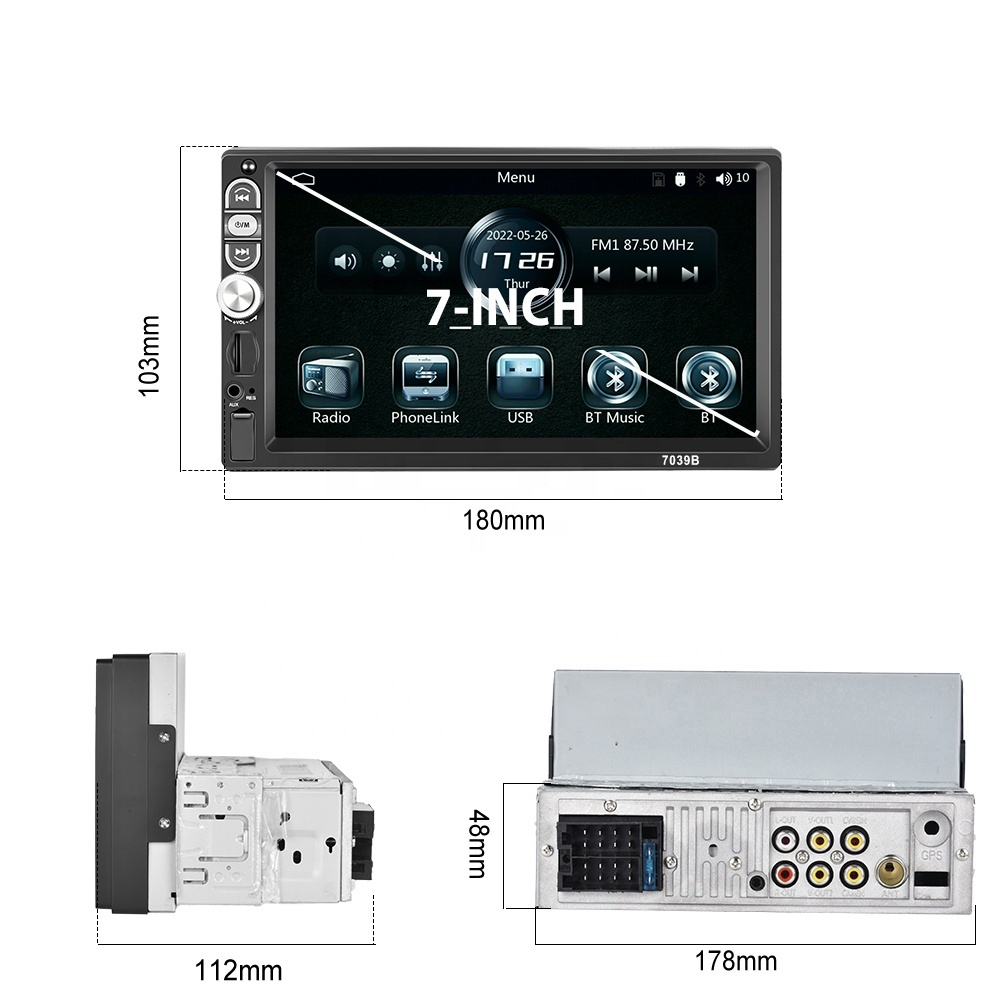 Radio Auto 1DIN cu Apple CarPlay și Android Auto prin cablu, Ecran Tactil 7", Bluetooth, Camera marsarier inclusa