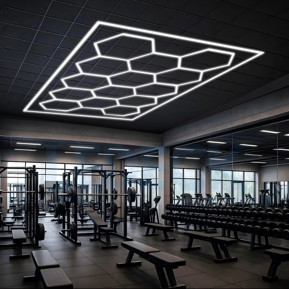 Lumină LED Hexagonală – 14 Module + Rama 484x243CM – Sală Fitness, Gym, Studio Antrenamente Profesionale