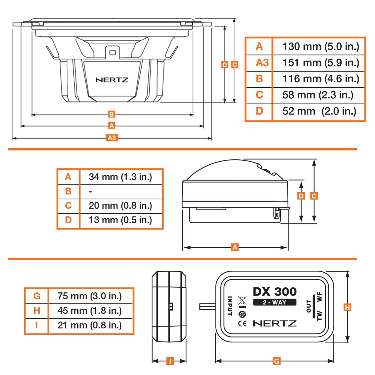 Set 2 difuzoare auto Hertz Dieci DSK 130.3, set sistem 2 căi, 130mm, 60W RMS, 4Ω