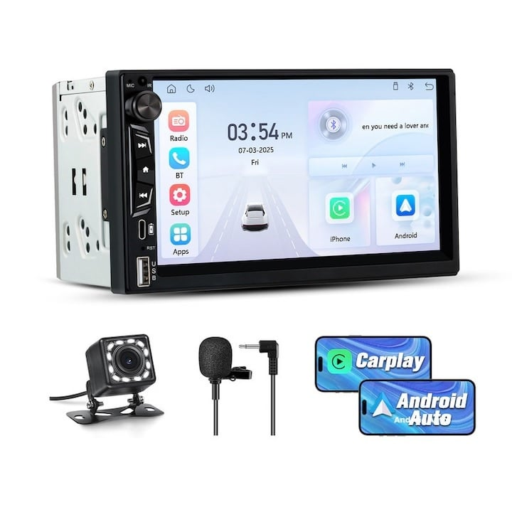 Navigatie 2DIN Universala cu Apple CarPlay și Android Auto Wireless, Ecran IPS 7", Bluetooth, Type-C, camera marsarier cadou