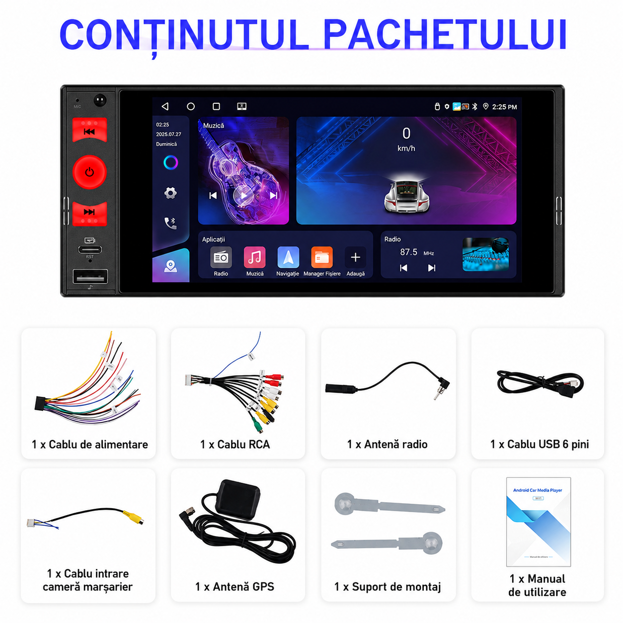 Navigatie 1DIN 4GB RAM, carplay si android auto wireless, ecran 6 inch Incell, bluetooth, radio, usb
