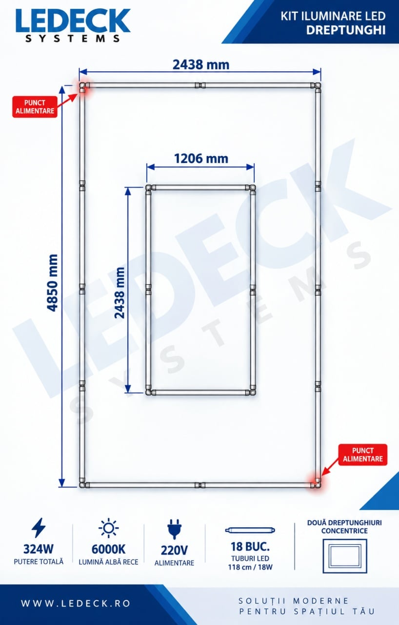Kit Iluminare LED LEDECK Dreptunghi 2438 × 4850 mm, 324W, 6000K, 18 Tuburi LED