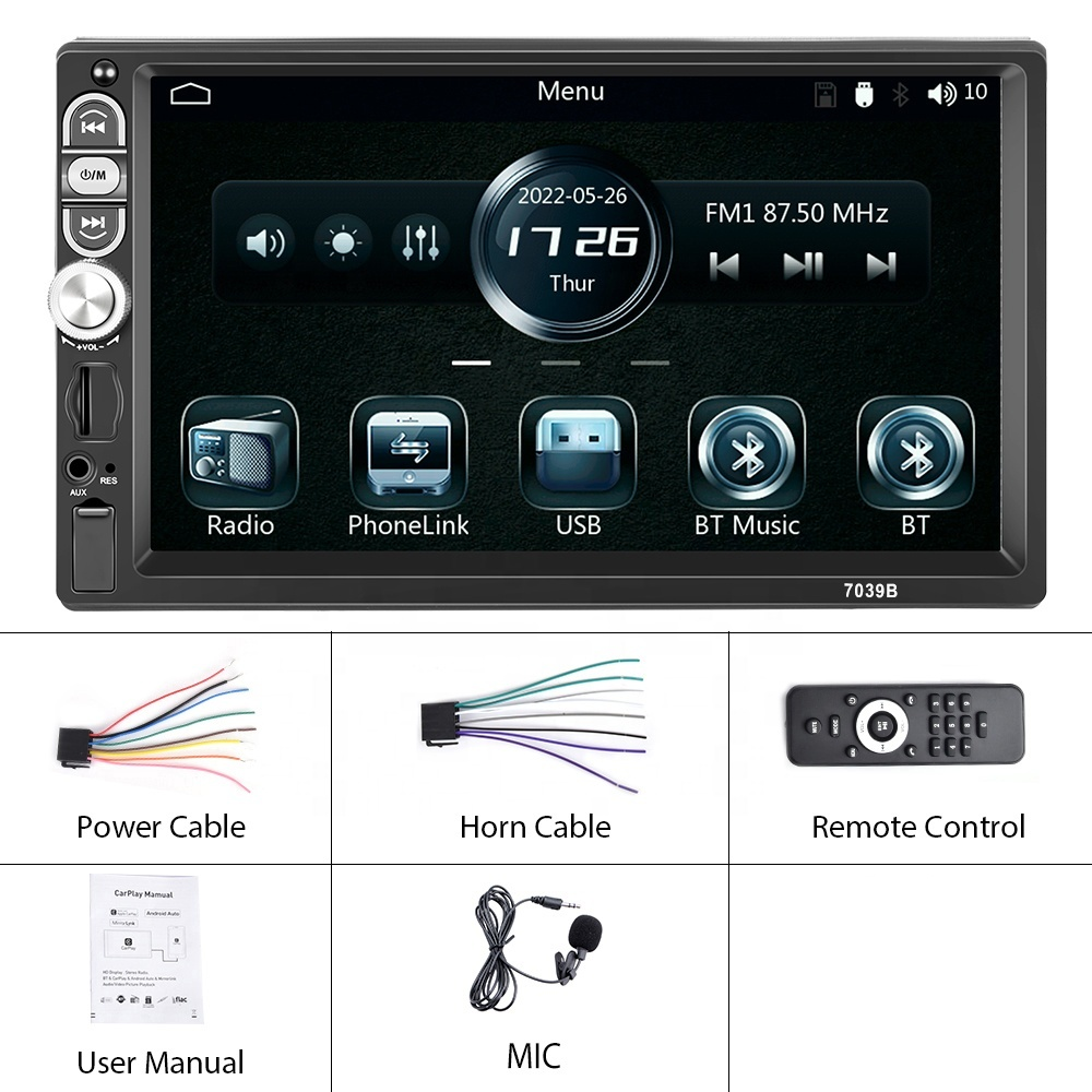 Radio Auto 1DIN cu Apple CarPlay și Android Auto prin cablu, Ecran Tactil 7", Bluetooth, Camera marsarier inclusa