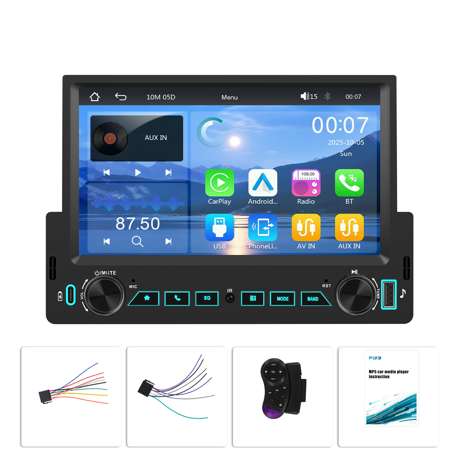 Radio Auto 1DIN cu Apple CarPlay și Android Auto wireless, Ecran Tactil 7", Bluetooth, Camera marsarier inclusa