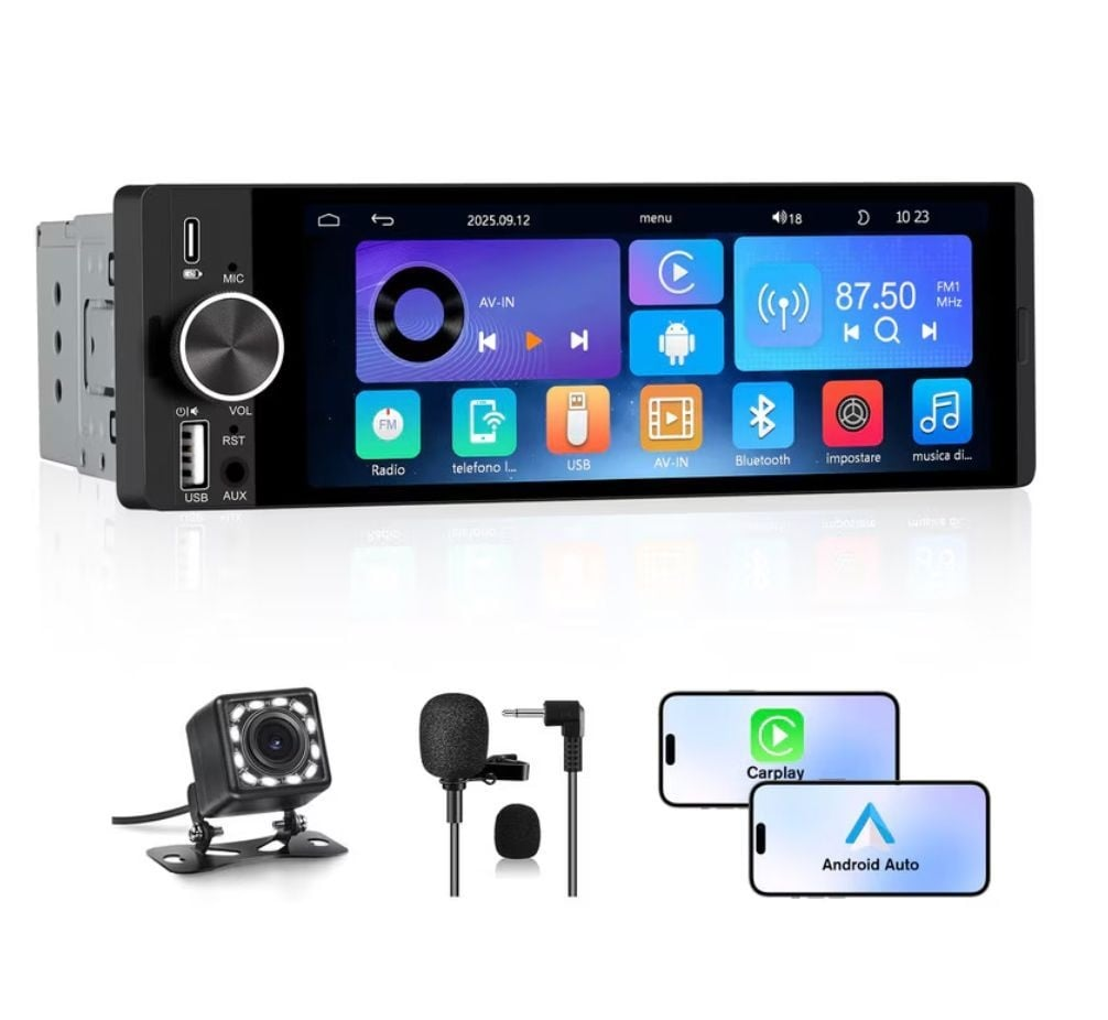 Radio Auto 1DIN Universal cu Apple CarPlay și Android Auto Wireless, Ecran IPS 6.9", Bluetooth, Type-C, camera marsarier cadou