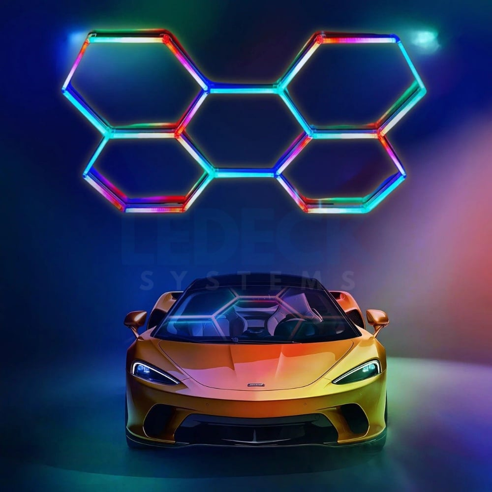 Lumină LED RGB Hexagonală Profesionala Aluminiu – 5 Module 244x170CM 192W, Echivalent 1600W, Garaj, Salon, Atelier