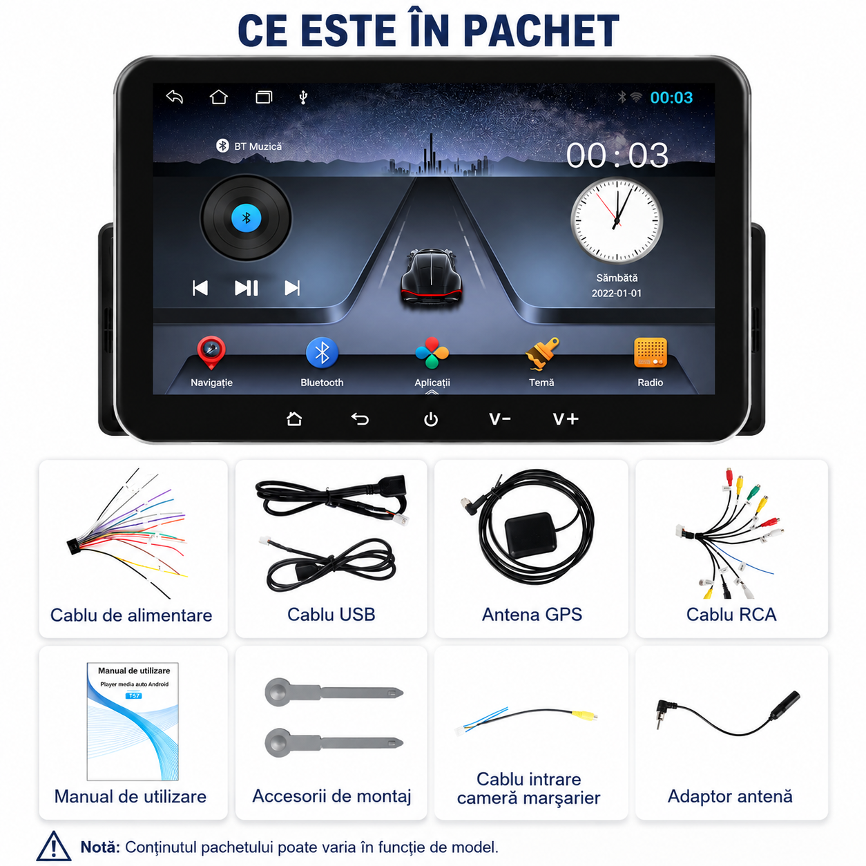 Navigatie 1DIN 2GB RAM, carplay si android auto wireless, ecran 7 inch IPS, bluetooth, radio, usb