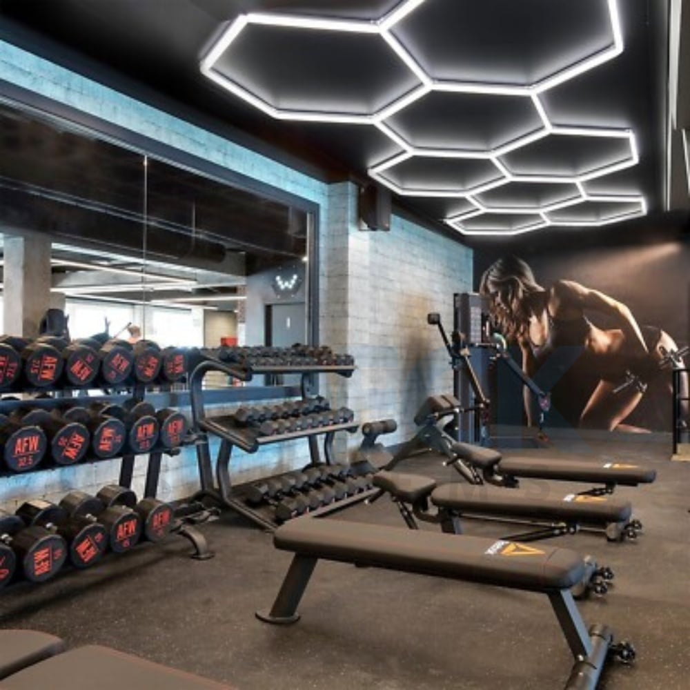 Lumină LED Hexagonală – 14 Module + Rama 484x243CM – Sală Fitness, Gym, Studio Antrenamente Profesionale
