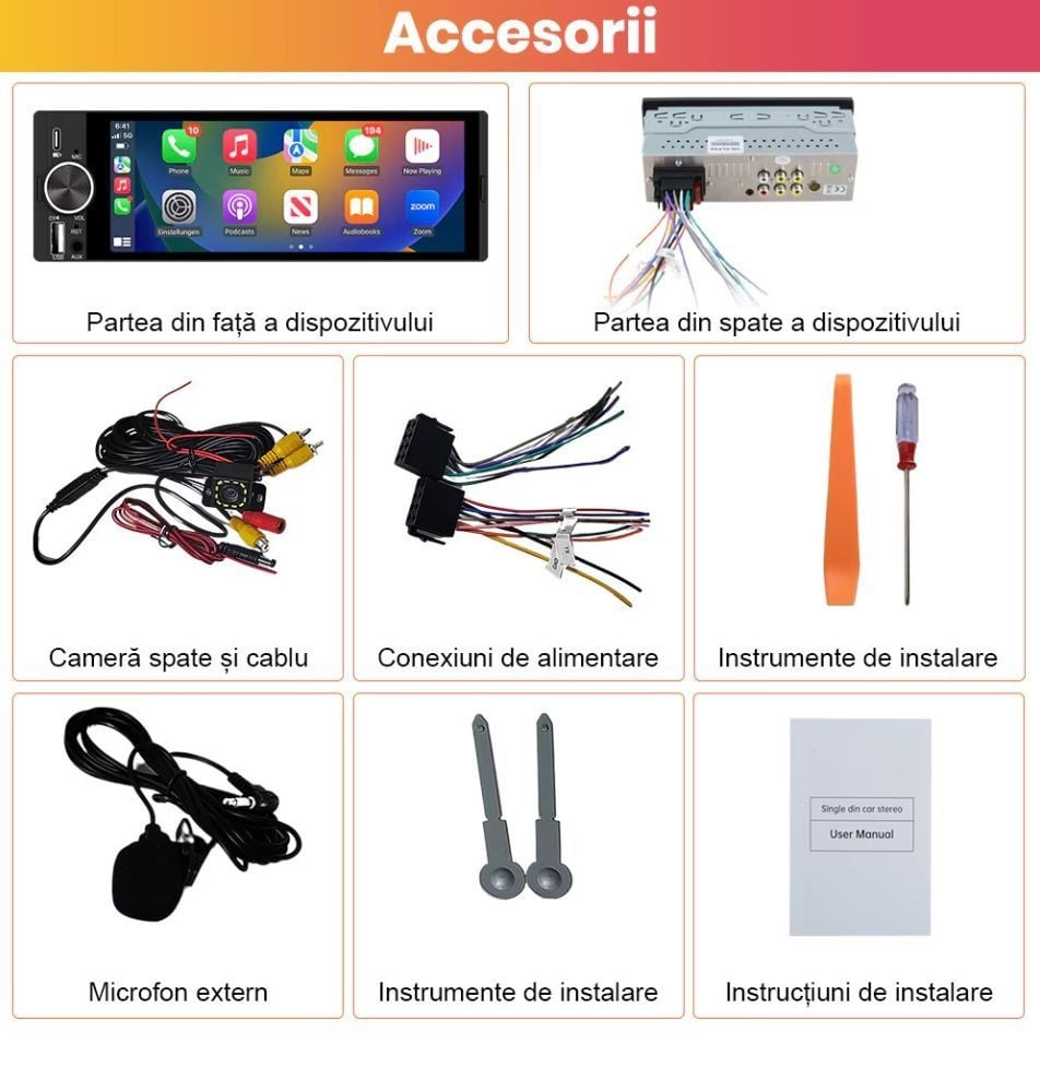Radio Auto 1DIN Universal cu Apple CarPlay și Android Auto Wireless, Ecran IPS 6.9", Bluetooth, Type-C, camera marsarier cadou