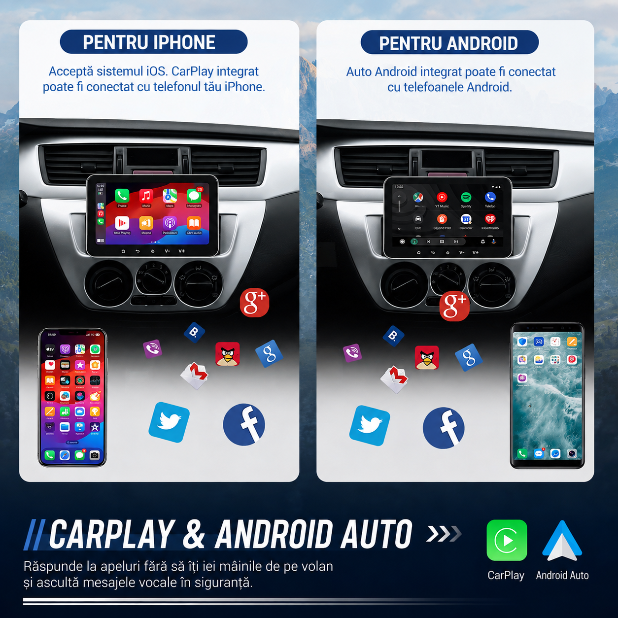 Navigatie 1DIN 2GB RAM, carplay si android auto wireless, ecran 7 inch IPS, bluetooth, radio, usb