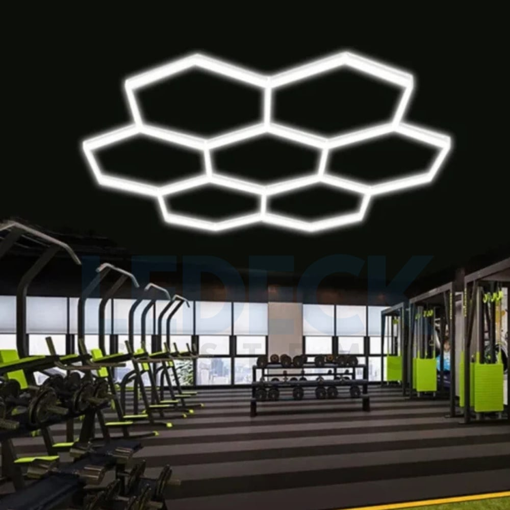 Lumină LED Hexagonală – 14 Module + Rama 484x243CM – Sală Fitness, Gym, Studio Antrenamente Profesionale
