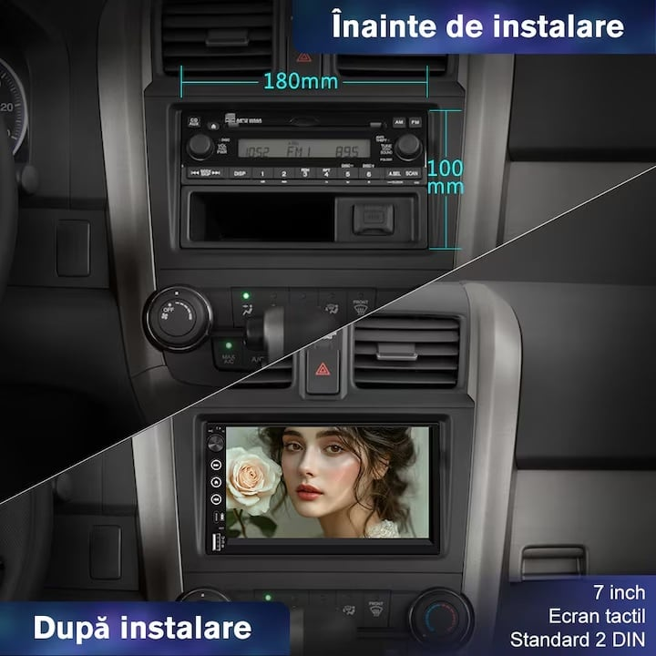 Navigatie 2DIN Universala cu Apple CarPlay și Android Auto Wireless, Ecran IPS 7", Bluetooth, Type-C, camera marsarier cadou