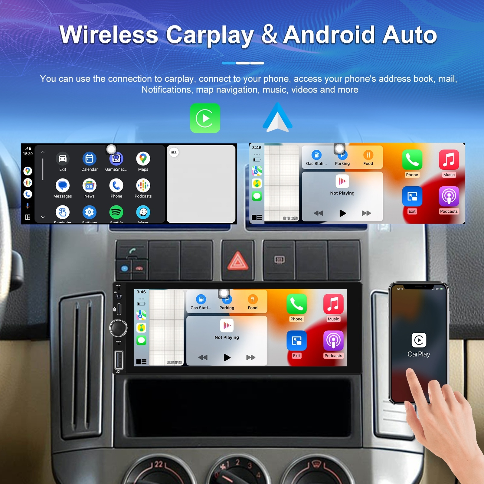 Radio Auto 1DIN Universal cu Apple CarPlay și Android Auto Wireless, Ecran IPS 6.36", Bluetooth, Type-C