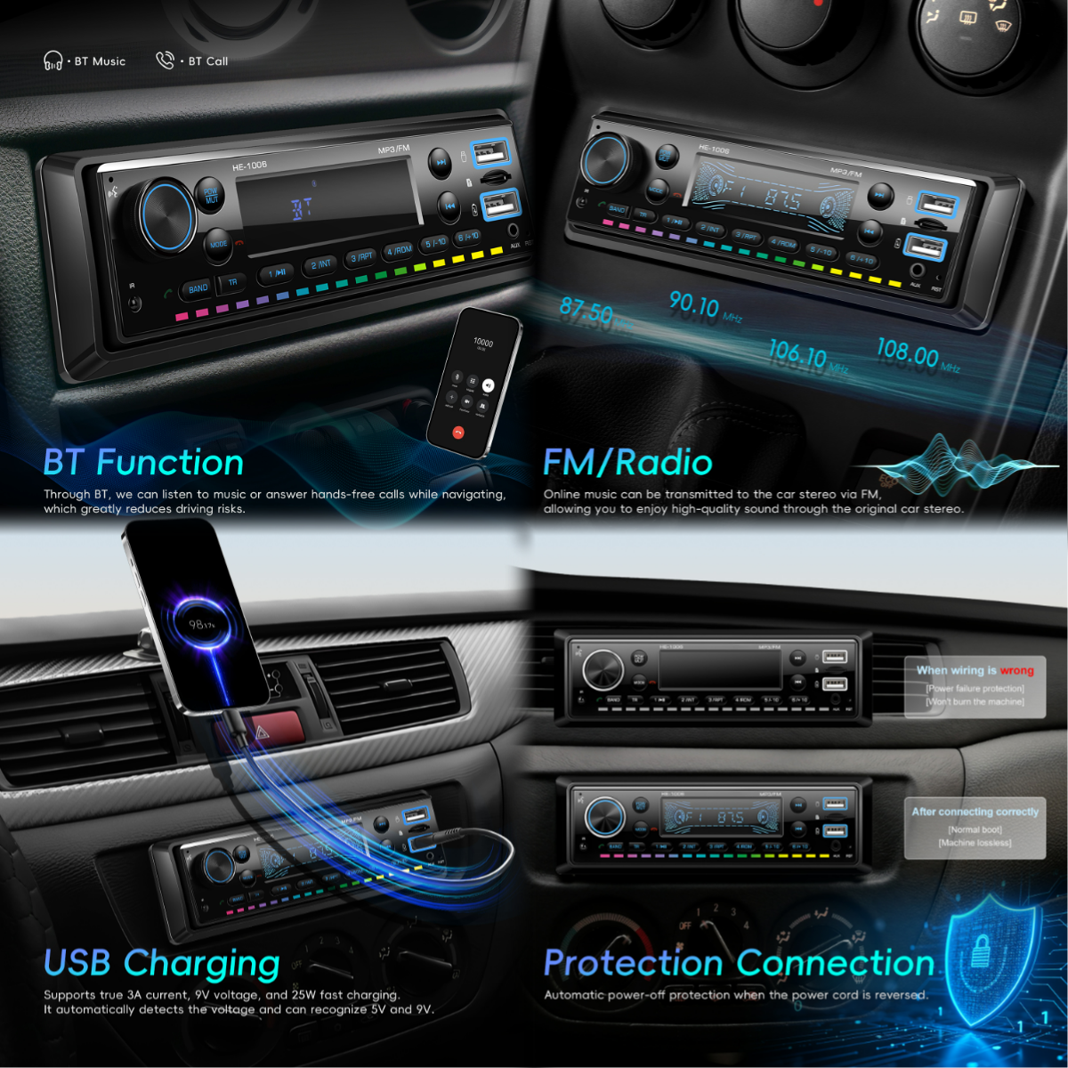 Radio mp3 player Aux SD 2x USB Bluetooth