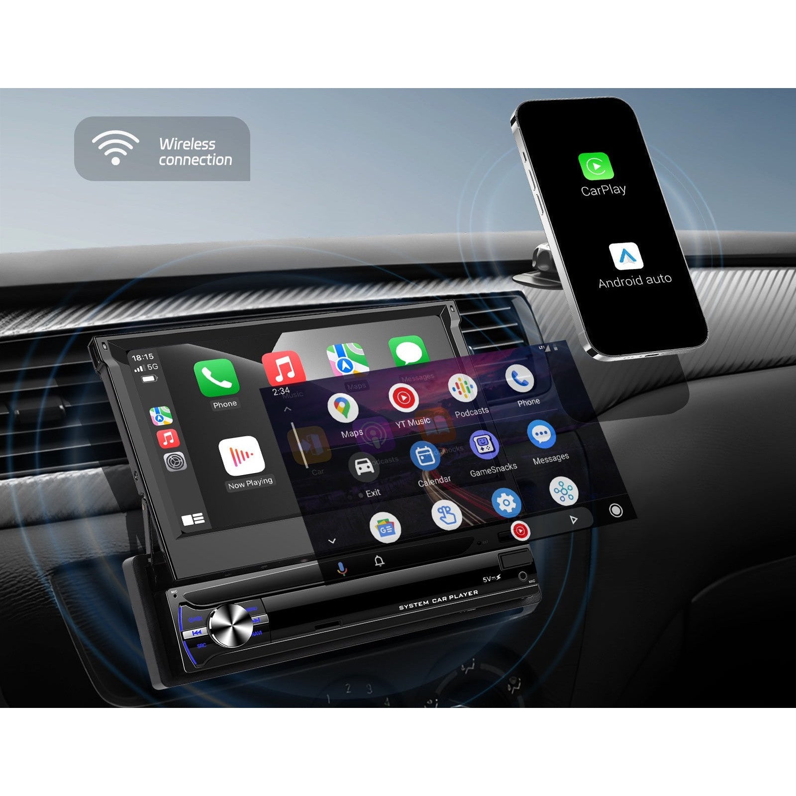 Navigatie 1DIN, Ecran retractabil, 4GB RAM 64GB, 4core carplay / android auto