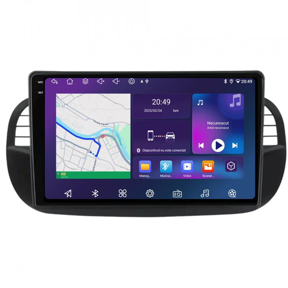 Navigatie Fiat 500 (2007-2015), Ecran 9 inch, 4GB RAM 64GB, 8-core, negru