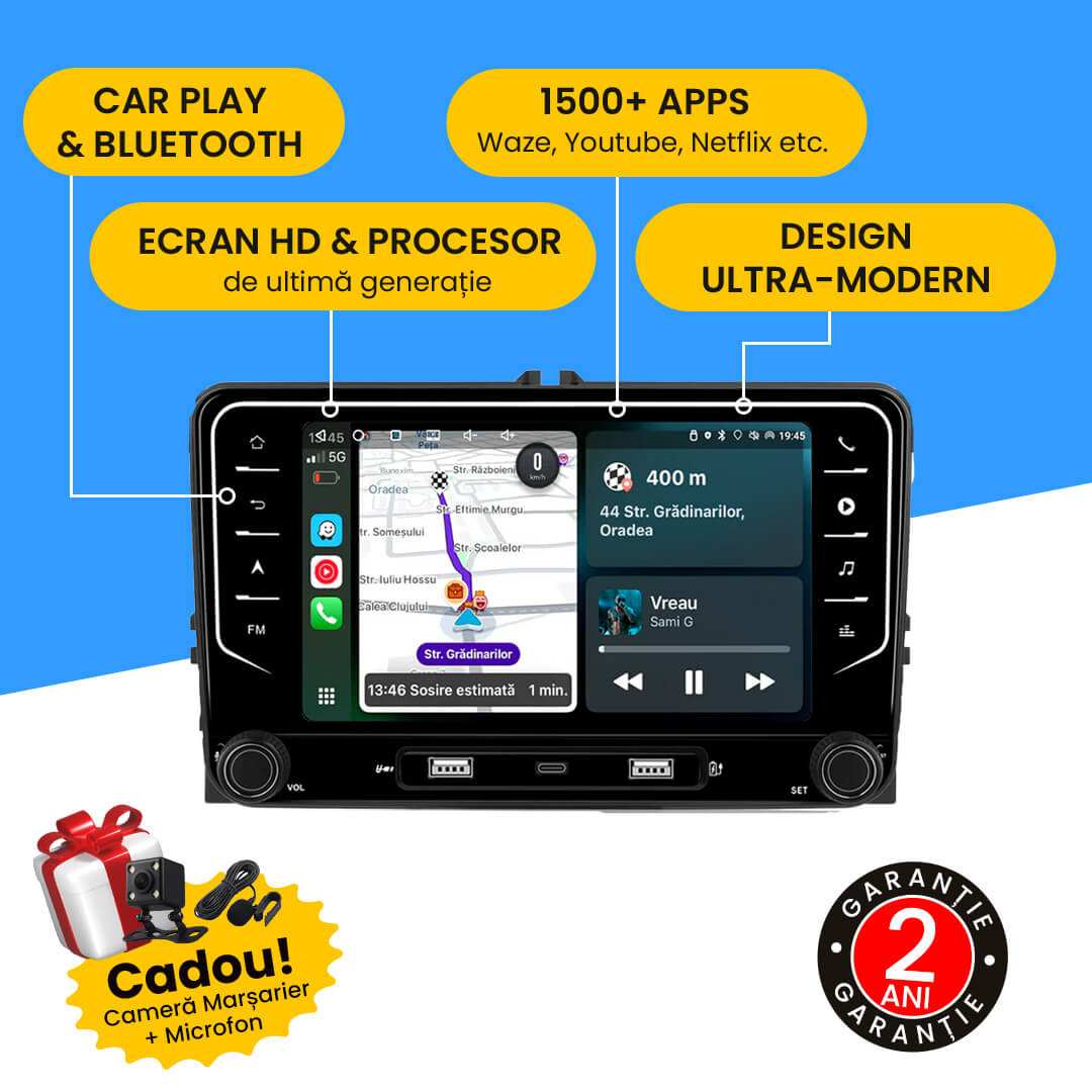 Navigatie Volkswagen, Skoda, Seat, Ecran 7 inch, 4GB RAM 64GB, butoane tactile, 4-core