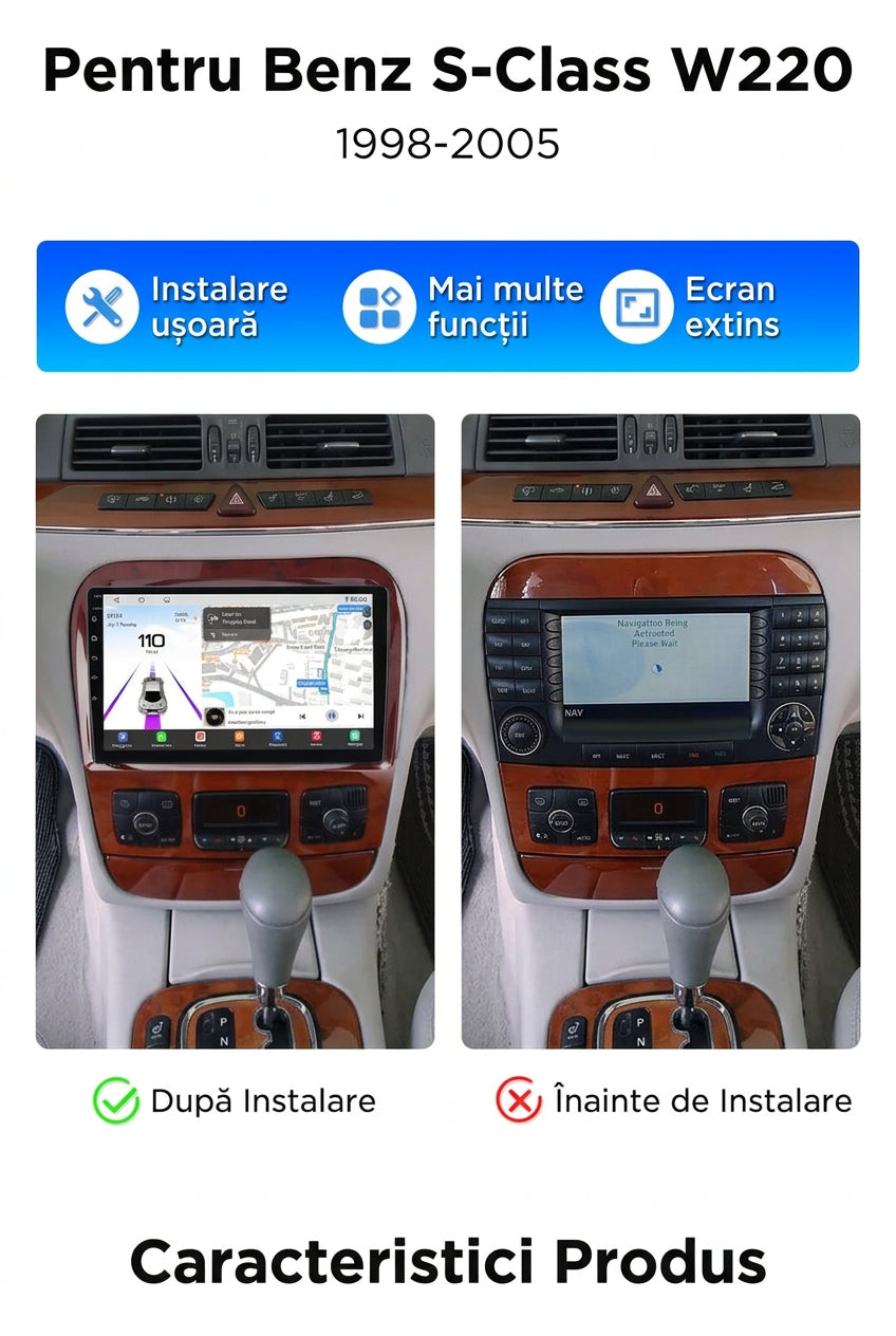 Navigație Mercedes S-Class W220 (1998-2005), Android, Ecran 9 inch, Carplay / Android Auto