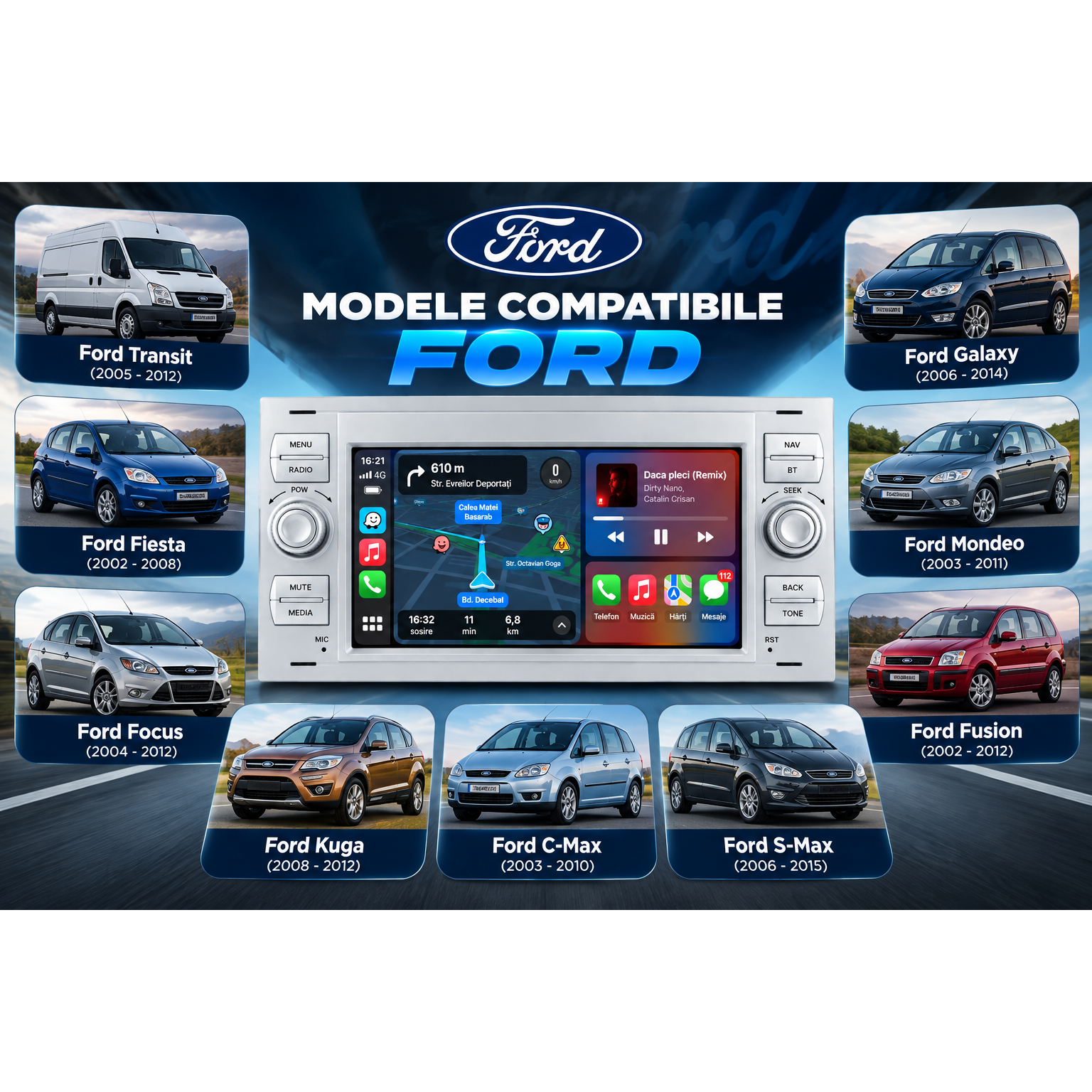 Navigatie Ford Focus / Fiesta / Transit / Kuga / Mondeo , Android, Ecran 7", Carplay / Android auto